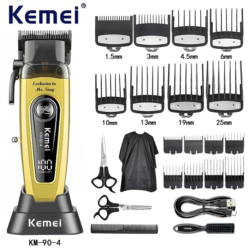 Kemei KM-90 Professional Hair Clipper Set – DLC Blade, Brushless Motor, 11,500 RPM, Cordless Barber Kit
