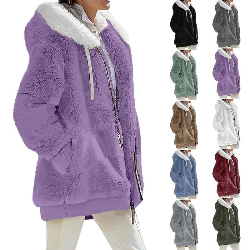 Women's Hooded Zip-Up Fleece Jacket – Loose Casual Solid Color Coat