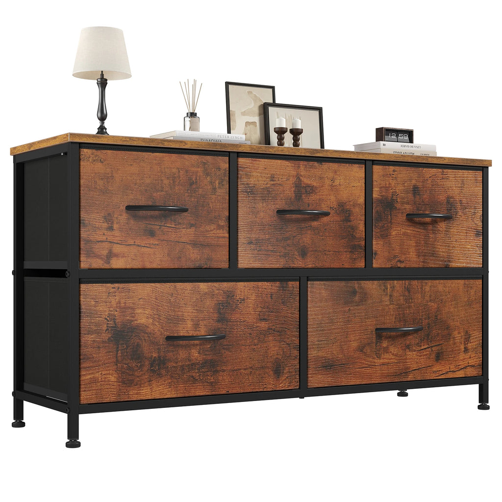 5-Drawer Fabric Dresser with Wooden Top & Metal Frame — Bedroom & Living Room Storage