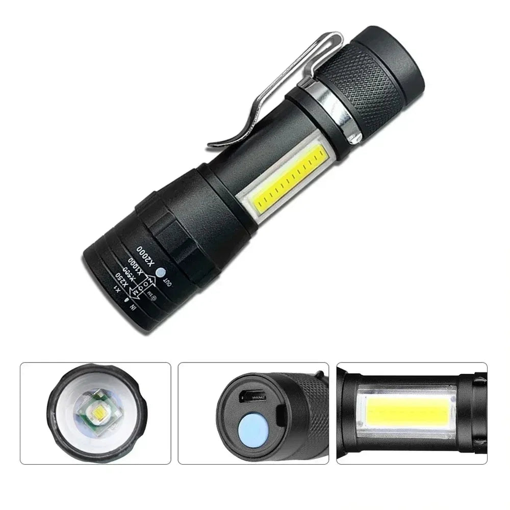 USB Rechargeable Mini COB+XPE Flashlight – Zoomable, 3-Mode, Pen Clip, 350 Lumen Camping Torch