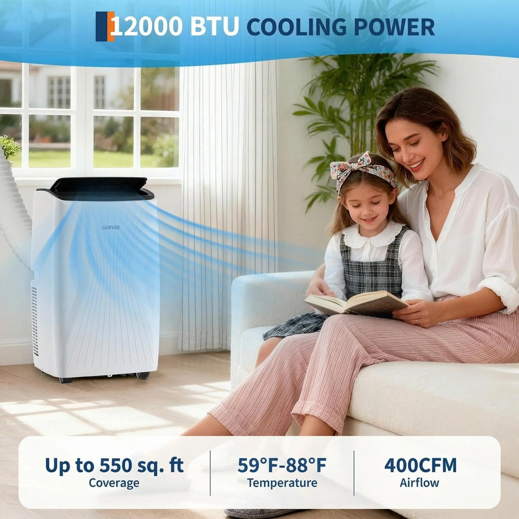 12,000 BTU Portable Air Conditioner — 3-in-1 Free-Standing AC with LED Display, 24H Timer, Remote & Window Kit for Home & Office up to 550 Sq Ft