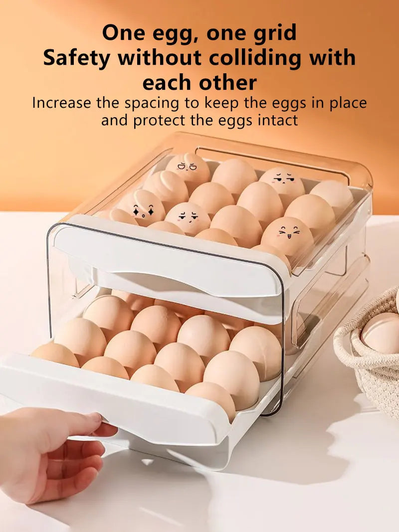 2-Layer Drawer Egg Storage Box – 32-Grid Fridge Egg Organizer, Dust-Proof & Stackable