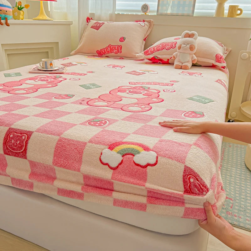 Flannel Fleece Fitted Bed Sheet – Warm Cartoon Purple, Elastic Single to King, Winter Bedsheet