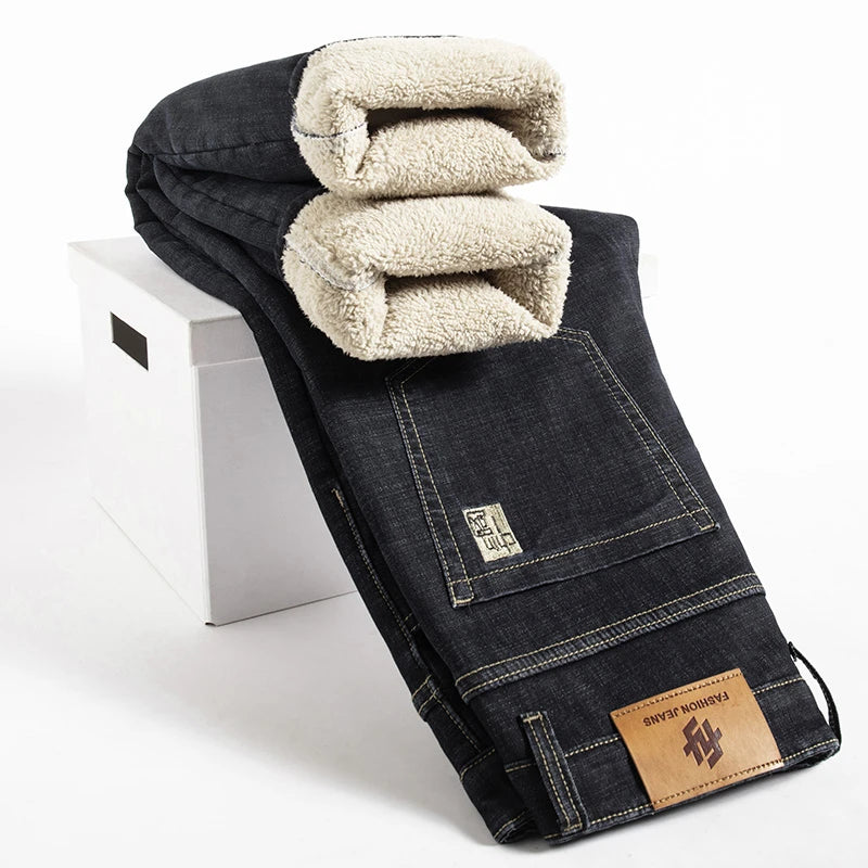 Men's Fleece-Lined Straight Denim Jeans — Warm Thick Winter Stretch Jeans