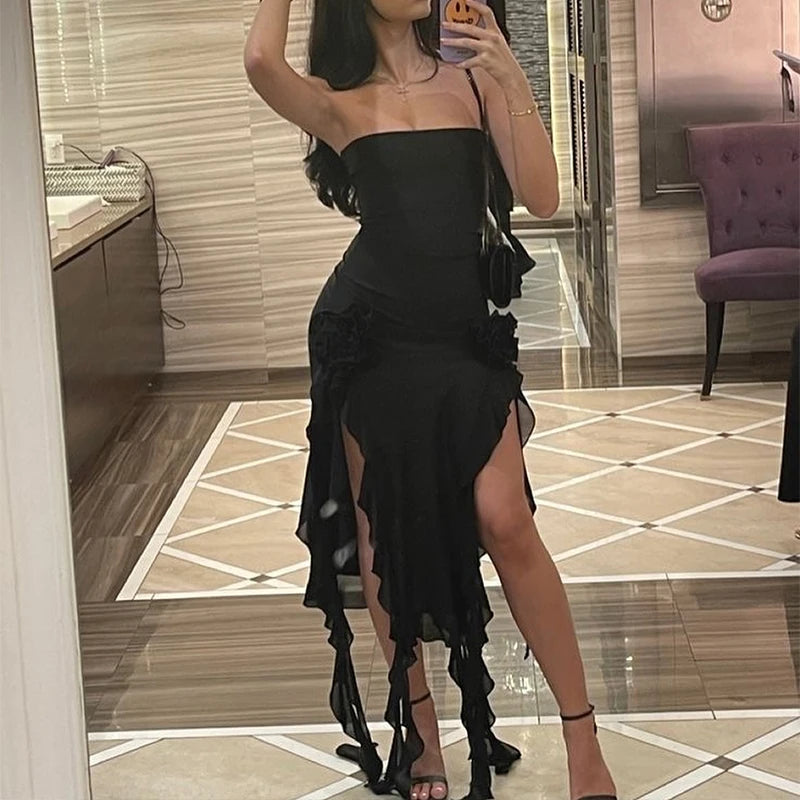 Women's Strapless Floral Fold High Slit Mini Dress – Backless Sleeveless Party Dress in Black & Pink