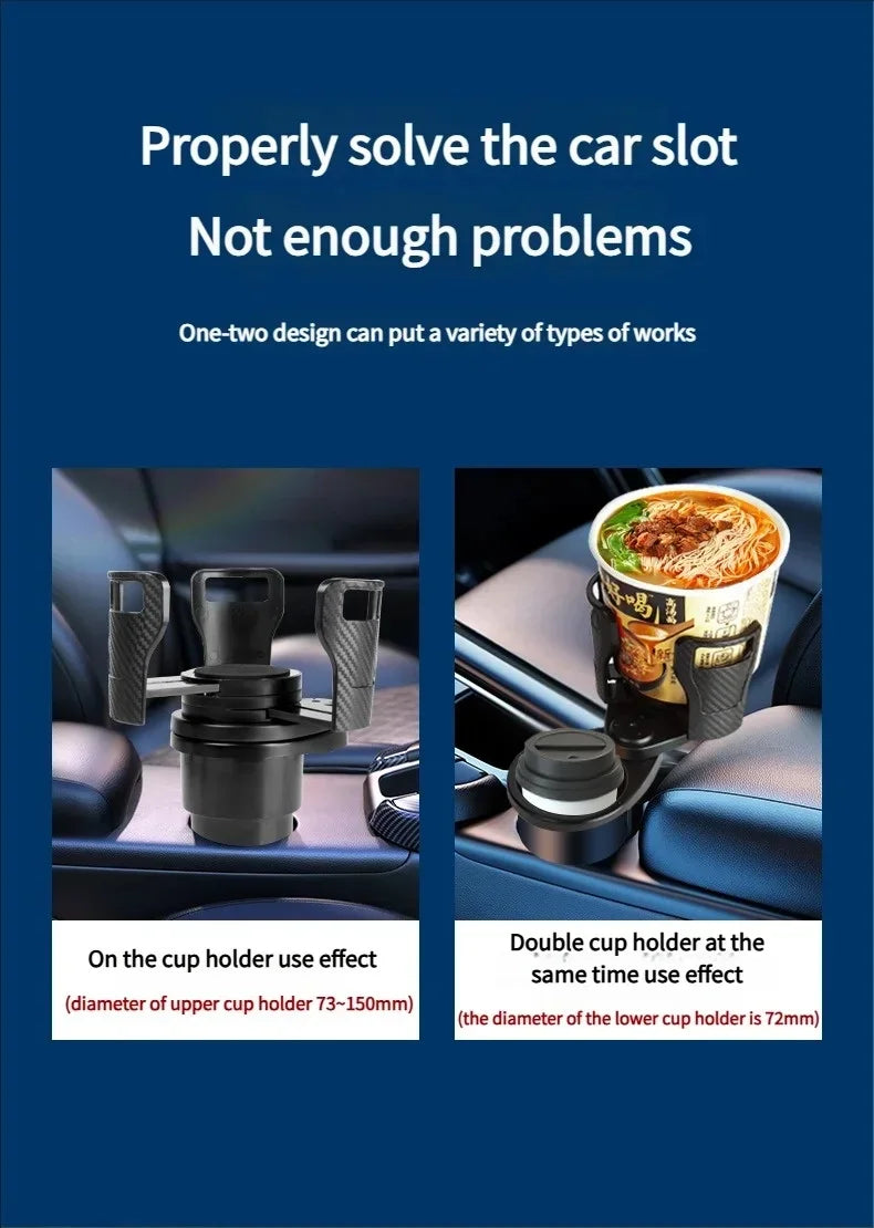 A promotional graphic for a car cup holder adapter. The top text reads 'Properly solve the car slot Not enough problems' on a dark blue background.