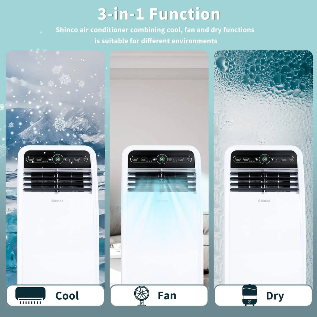 Shinco 8,000 BTU Portable Air Conditioner — 3-in-1 Cool, Dehumidifier & Fan for Rooms up to 350 sq ft