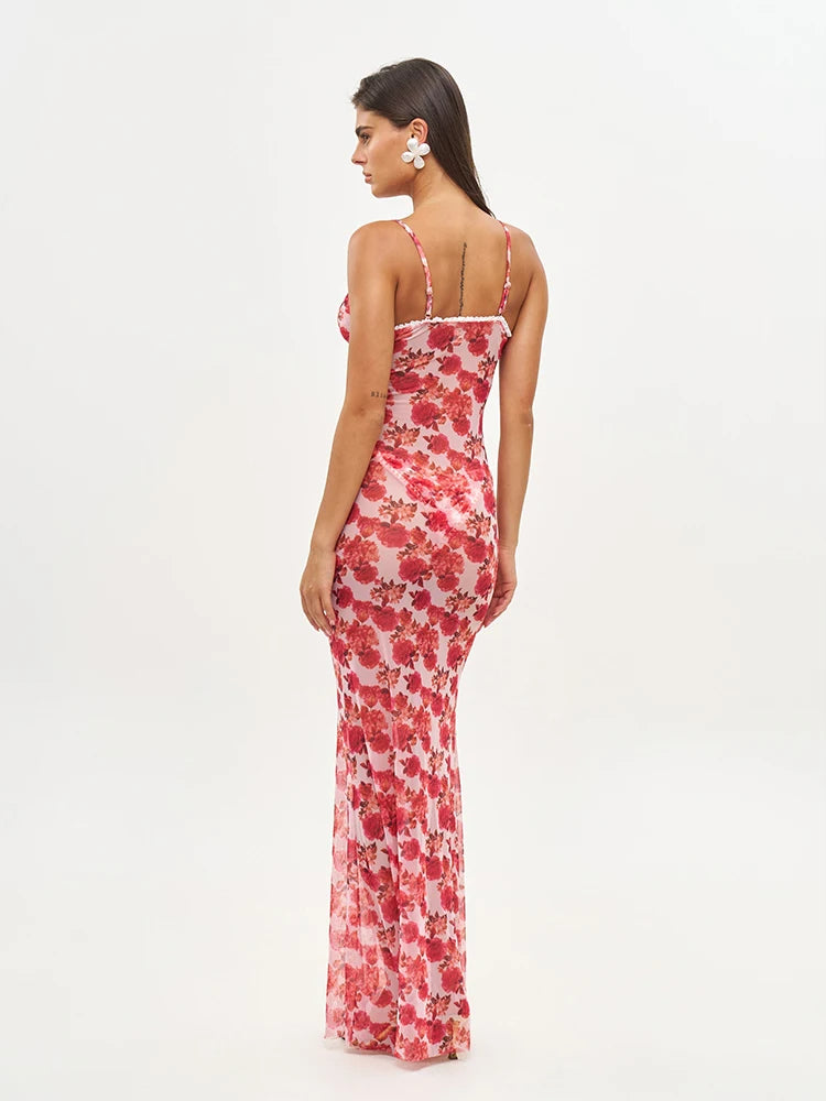 Long Dress Bikini Cover Up | Print Mesh Swimwear, Sexy Floral, Bandage Detail, S-XL