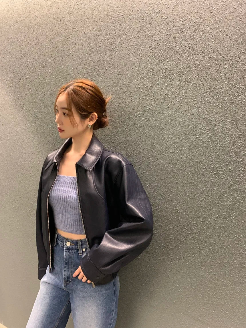 Women's Cropped Faux Leather Jacket – Lapel Zip Front