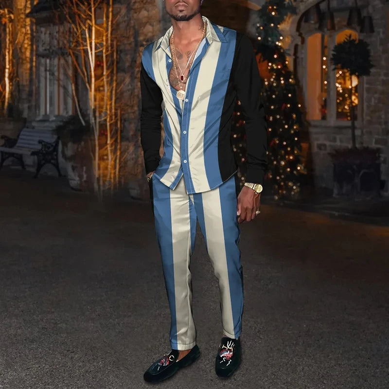 Men's 3D Retro Harajuku Print Long Sleeve Lapel Shirt & Long Pants 2-Piece Set