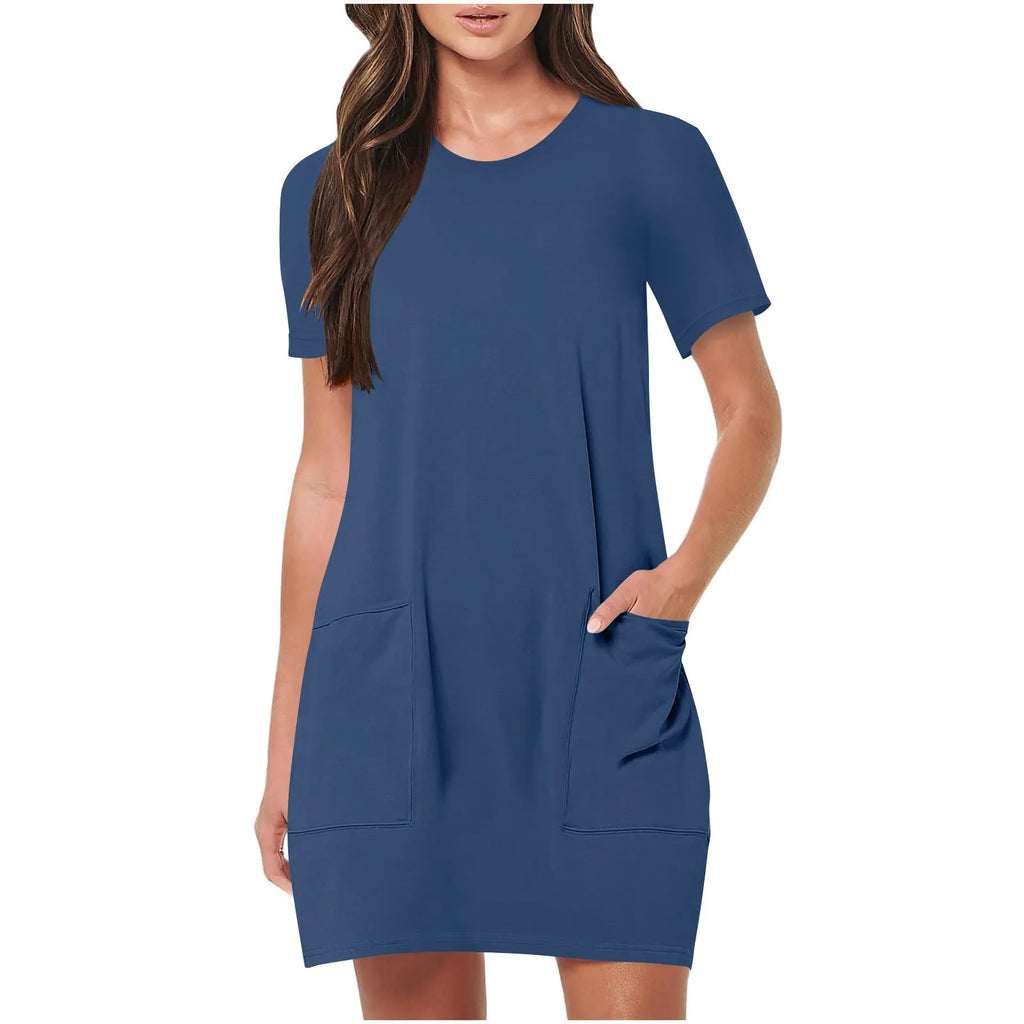 Solid Color Pocket Casual Sports Dress — Short Sleeve O-Neck A-Line Knee-Length Dress