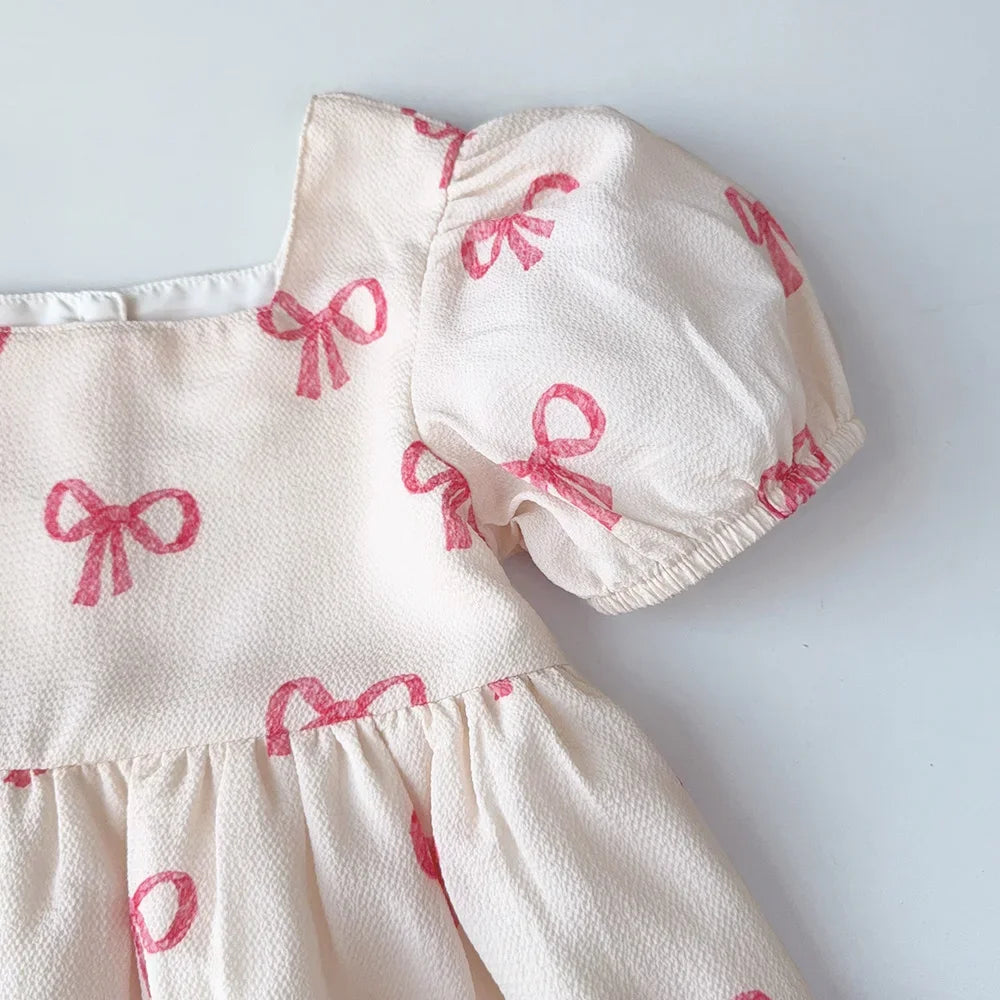 Bow Print Girls Casual Dress — Short Sleeve Sweet Summer Dress (3–7 Years)