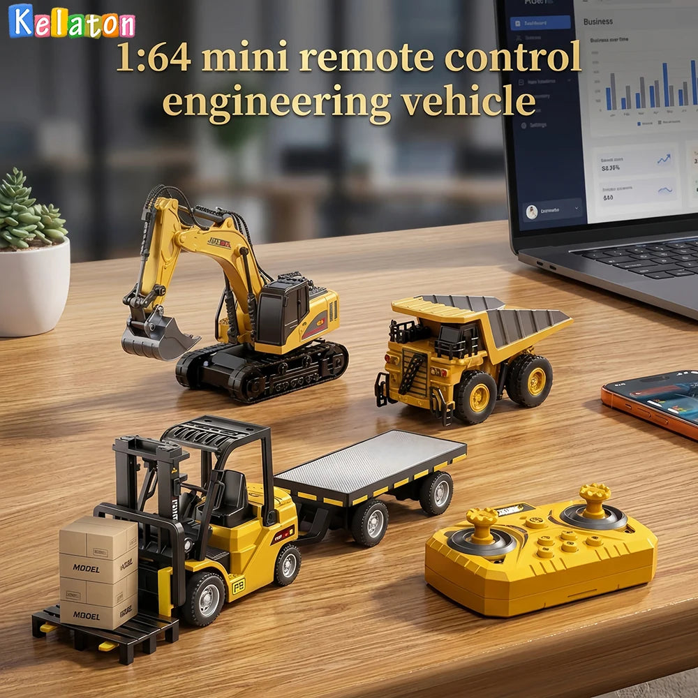 1:64 Mini RC Crane & Forklift 2-in-1 – Bluetooth Alloy Toy Car with Trailer