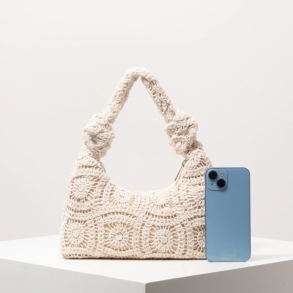 Boho Floral Half-Moon Beach Bag – Hollow-Out Polyester Shoulder Bag for Women
