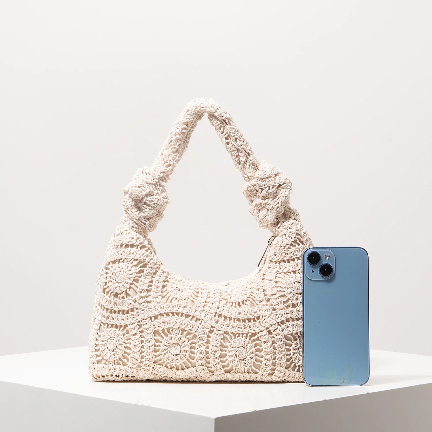 Boho Floral Half-Moon Beach Bag – Hollow-Out Polyester Shoulder Bag for Women