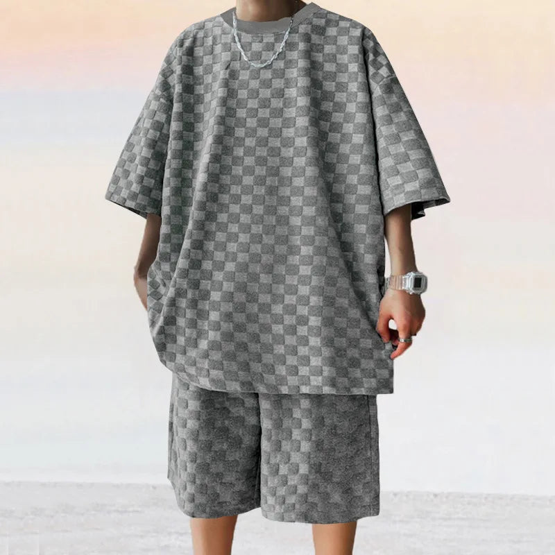 Men's Oversized Chessboard Plaid Shirt & Shorts Set – Loose Summer Leisure 2-Piece