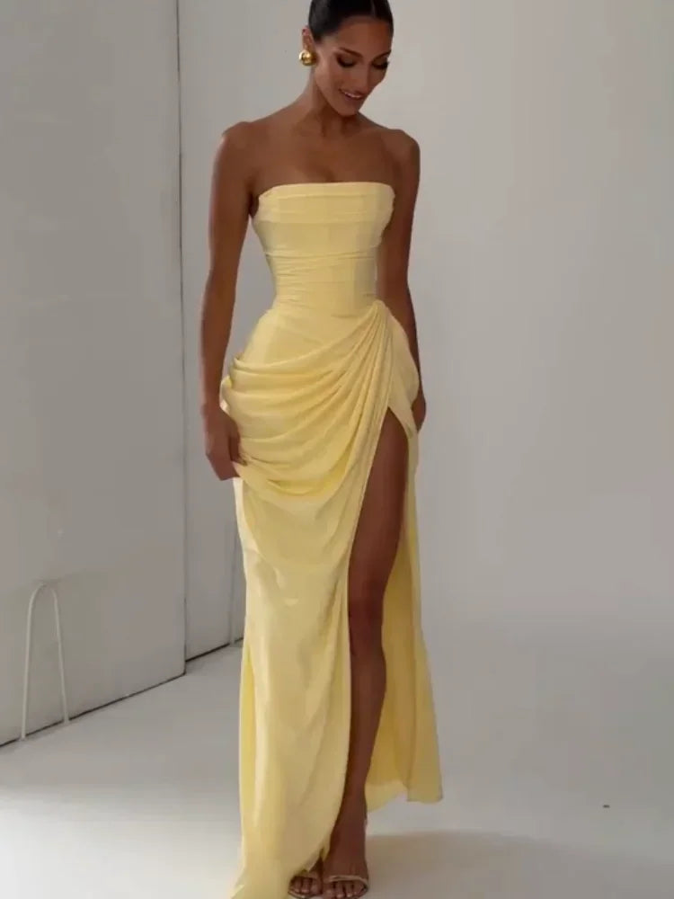 Sexy Strapless Pleated Maxi Dress – Off-Shoulder Backless High Waist Split Evening Party Gown