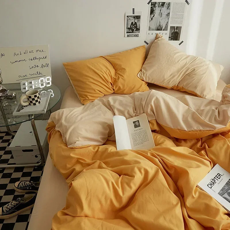 Solid Color Washed Cotton Bedding Set – 4-Piece Duvet Cover, Bed Sheet & Pillowcases, Twin to King