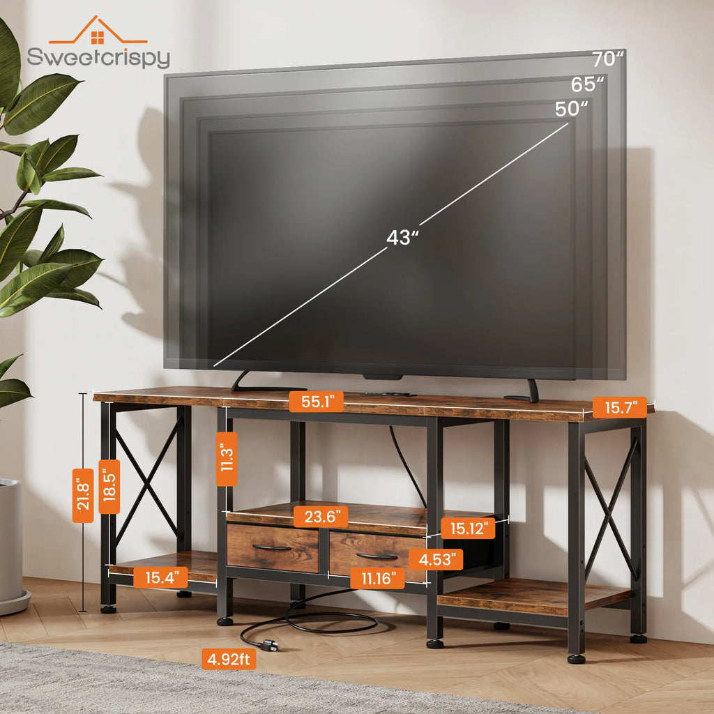 Wooden TV Stand for 70"/75" TVs — Media Console with Charging Station, Drawers & Shelves