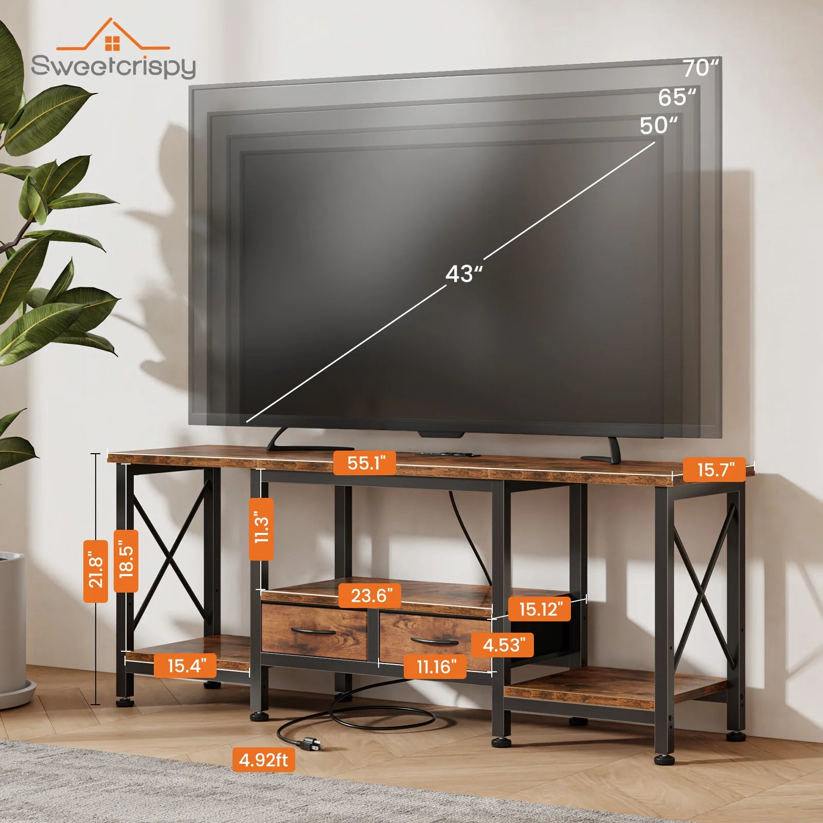 Wooden TV Stand for 70"/75" TVs — Media Console with Charging Station, Drawers & Shelves