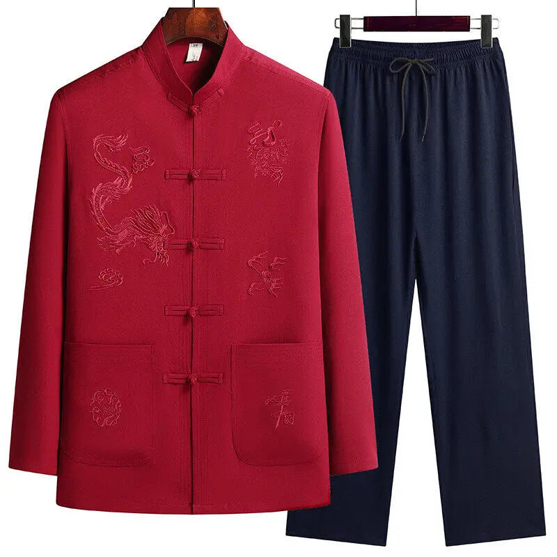 Men's Chinese Style Long Sleeve Shirt & Elastic Waist Pants Casual Set