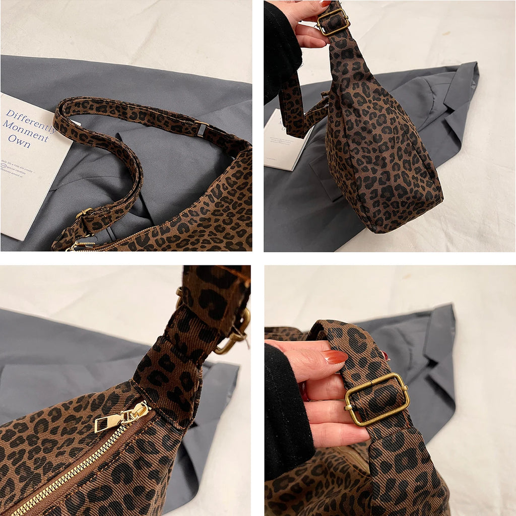 Leopard Print Crossbody Bag – Large Capacity Retro Soft Textile Shoulder Bag for Women