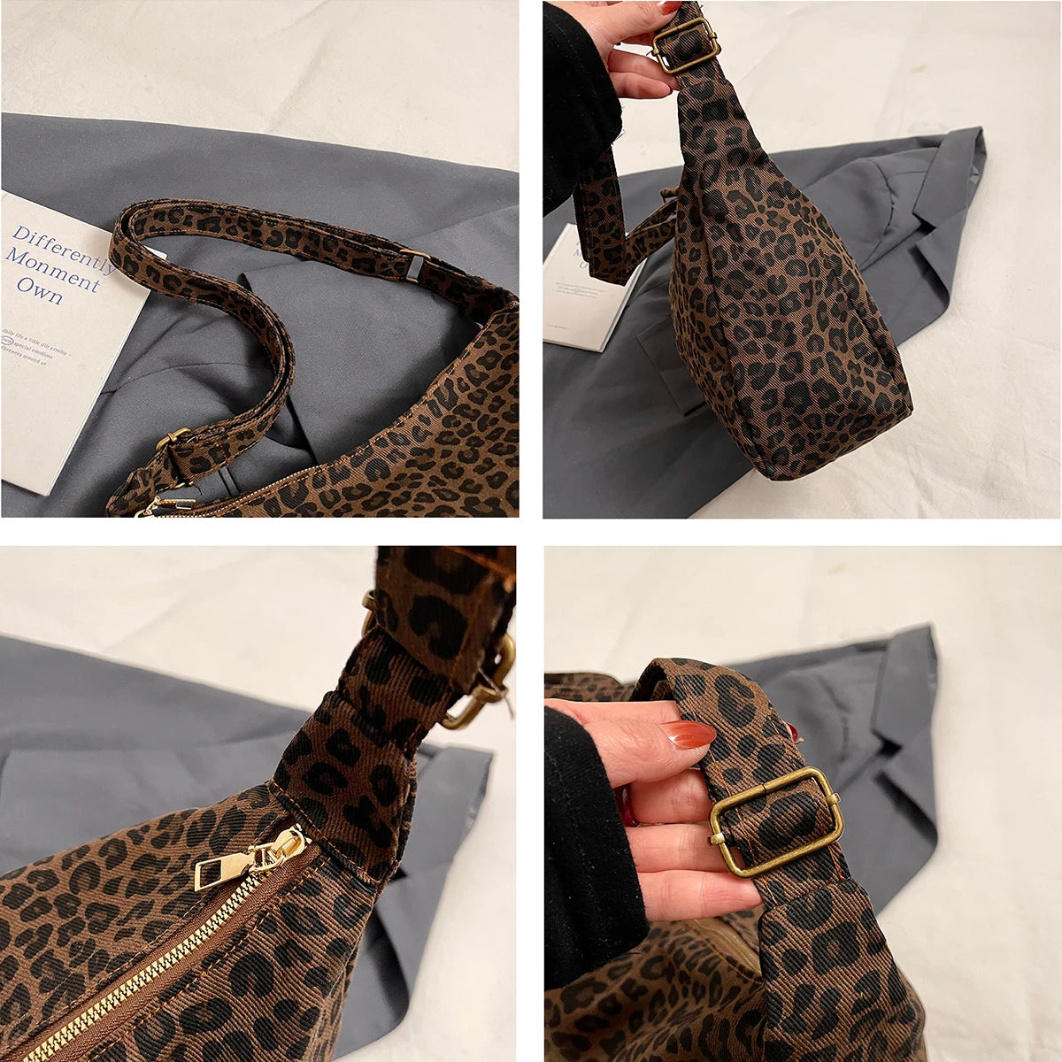 Leopard Print Crossbody Bag – Large Capacity Retro Soft Textile Shoulder Bag for Women