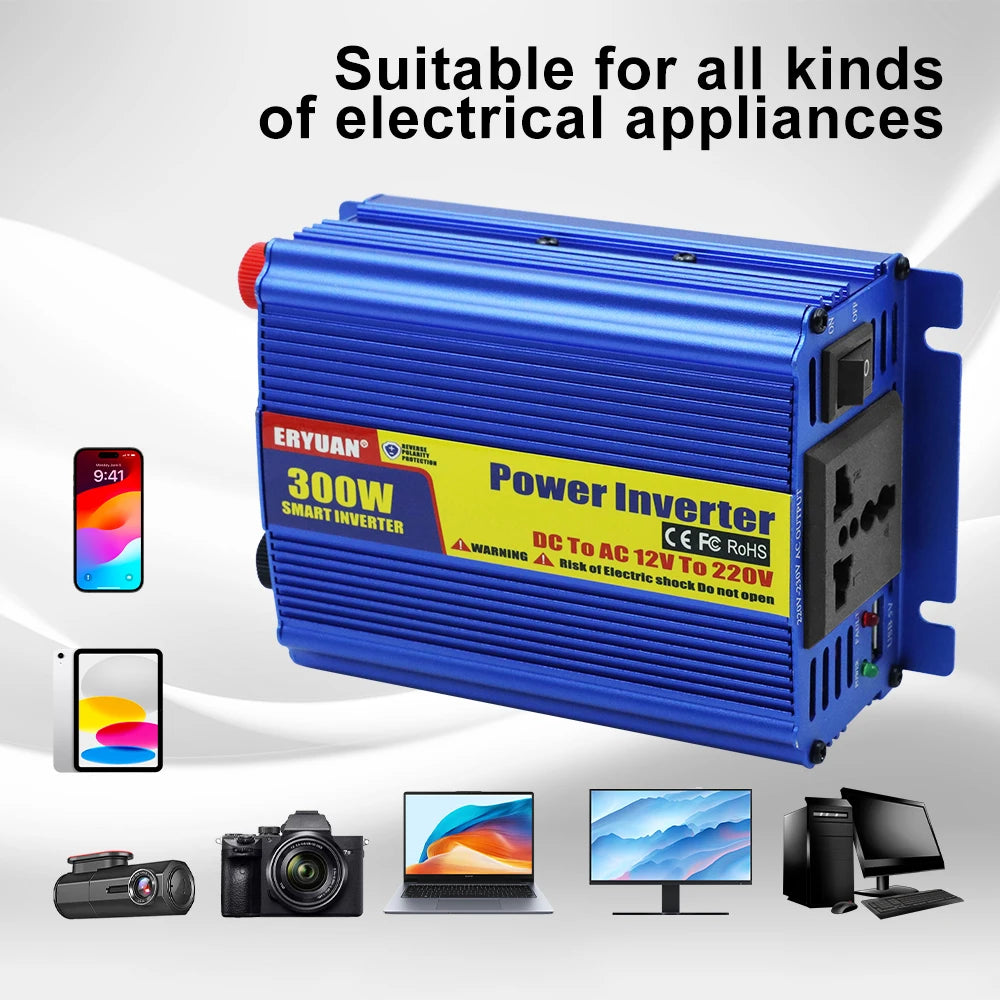 Blue 300W power inverter adapter with a yellow and red label, shown with text reading 'Suitable for all kinds of electrical appliances' and small icons of devices including a smartphone, tablet, camera, laptop, and desktop computer.