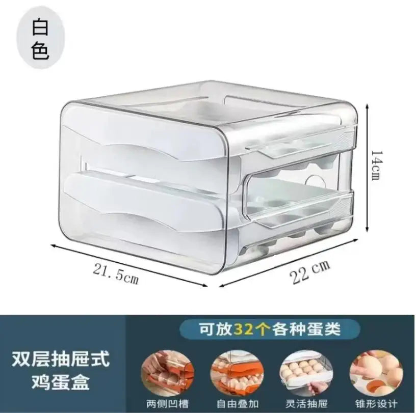 2-Layer Drawer Egg Storage Box – 32-Grid Fridge Egg Organizer, Dust-Proof & Stackable