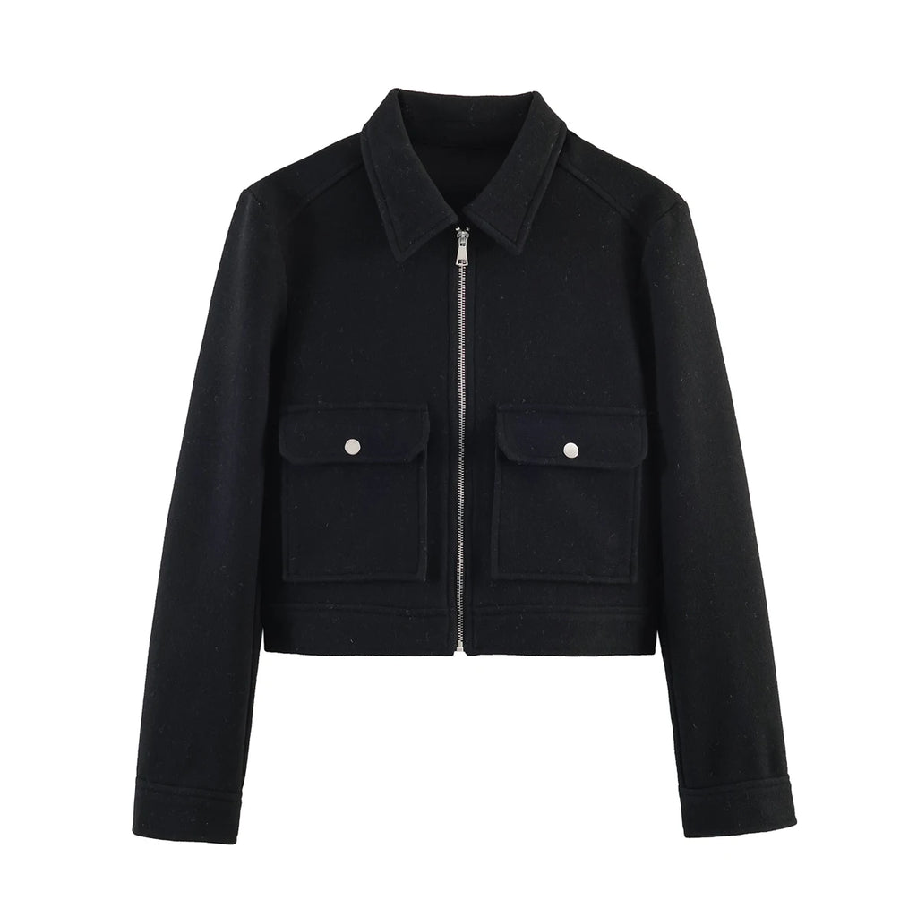 Women's Short Zip-Up Jacket Coat – Elegant Street Outerwear with Pockets