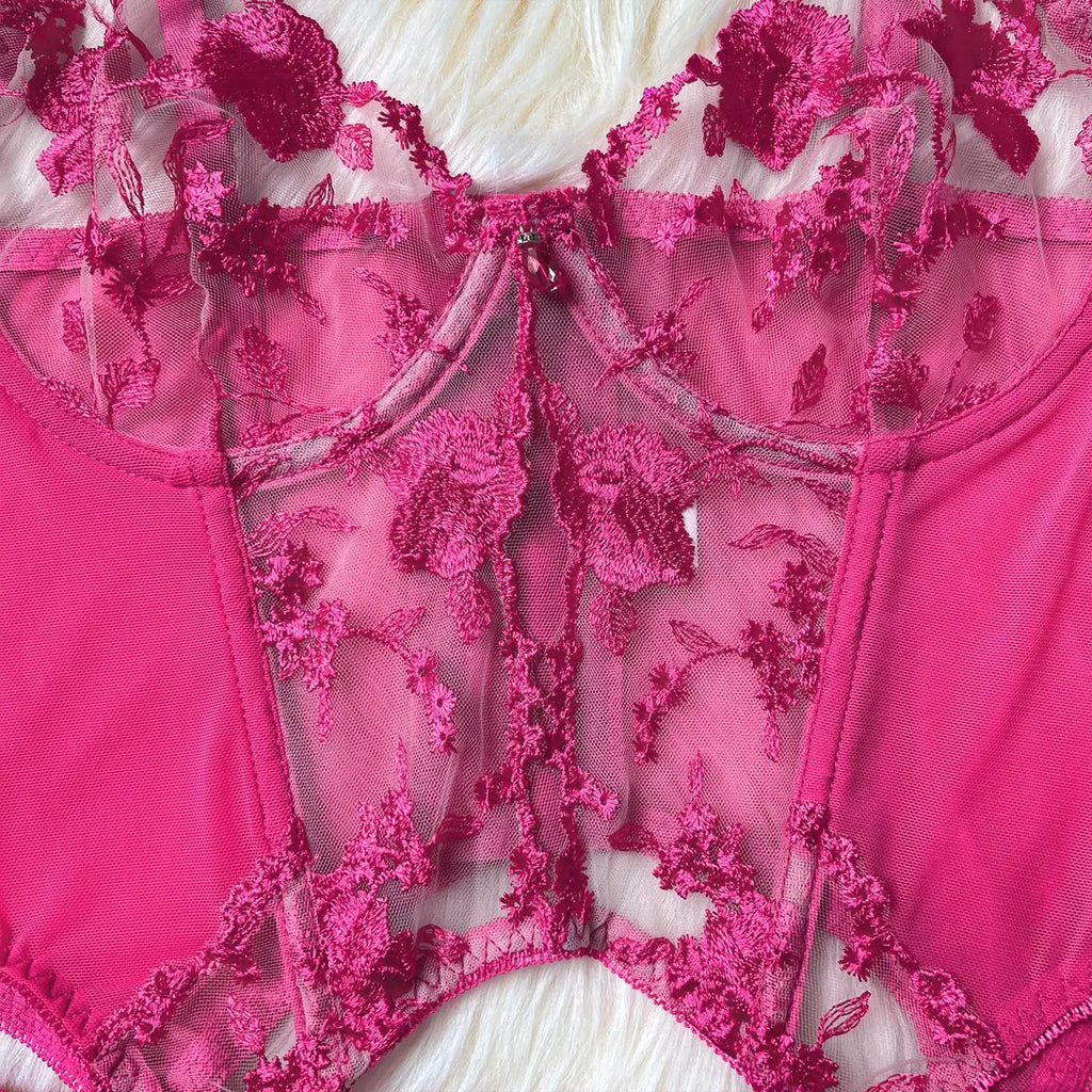 Sheer Embroidery Bra & Brief Set — Transparent Lace Underwear Suit