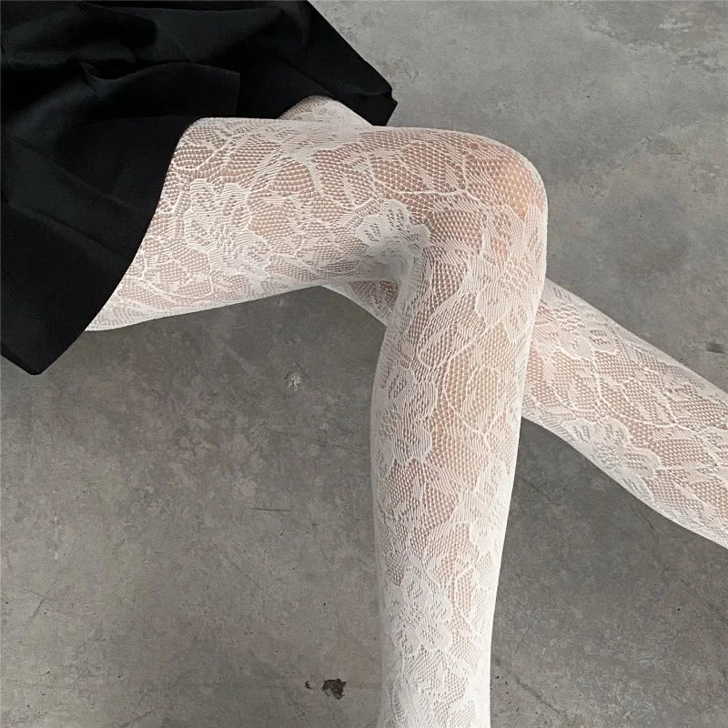 Lolita Floral Thigh-High Fishnet Stockings — Sheer Patterned Hosiery