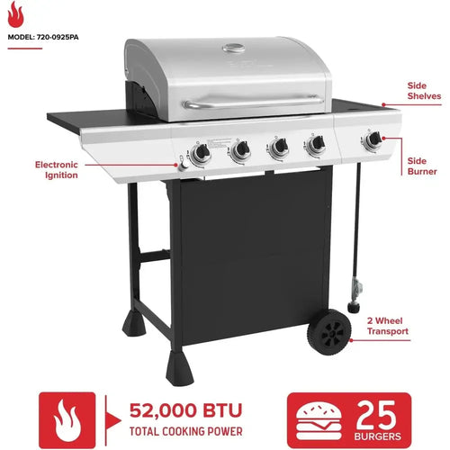 4-Burner Propane Gas Grill with Side Burner | 52,000 BTU, 562 Sq. In., Stainless Steel Lid & Control Panel, Cast Iron Grates, Outdoor Cooking