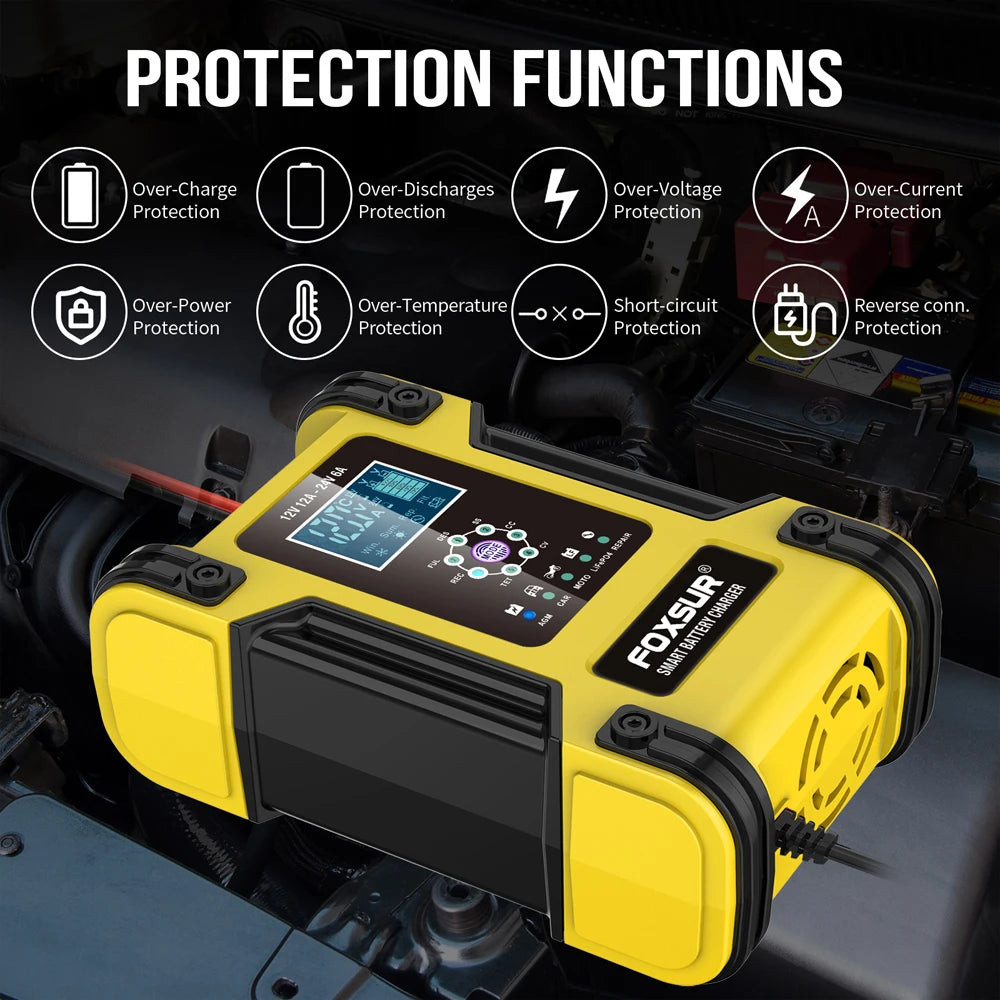 Foxsur Automatic Car Battery Charger 12V 12A – Digital Display Pulse Repair for Wet Dry Lead Acid Batteries