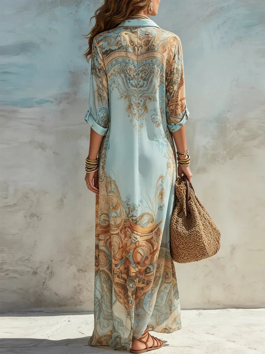 Chiffon Digital Print Shirt Dress — Turndown Collar Boho Flowy Casual Dress