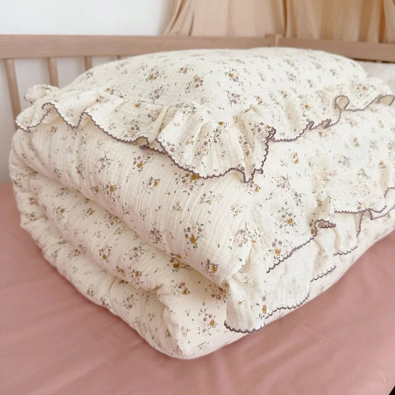 Princess Ruffle Bedding Set – 100% Cotton Gauze Duvet Cover with Pillowcases, Floral, 3-Piece