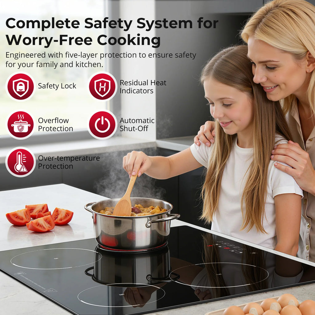 6000W 4-Zone Ceramic Induction Hob – 60cm Black Glass, Touch Control, 9 Power Levels, Timer & Child Lock