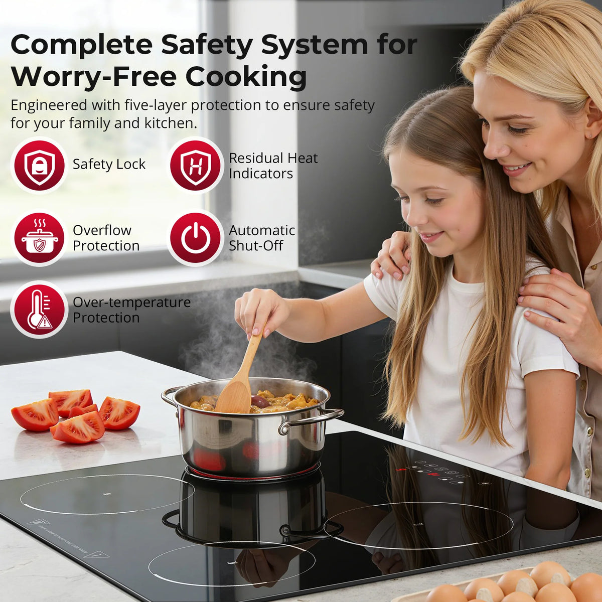 6000W 4-Zone Ceramic Induction Hob – 60cm Black Glass, Touch Control, 9 Power Levels, Timer & Child Lock