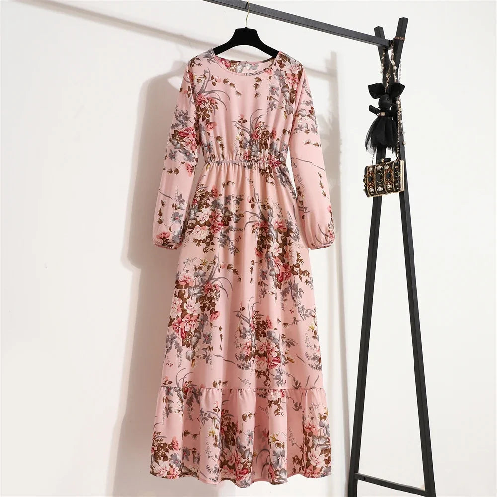 Full Sleeve Floral Geometry Print Boho Beach Party Dress — O-Neck Casual Maxi Dress