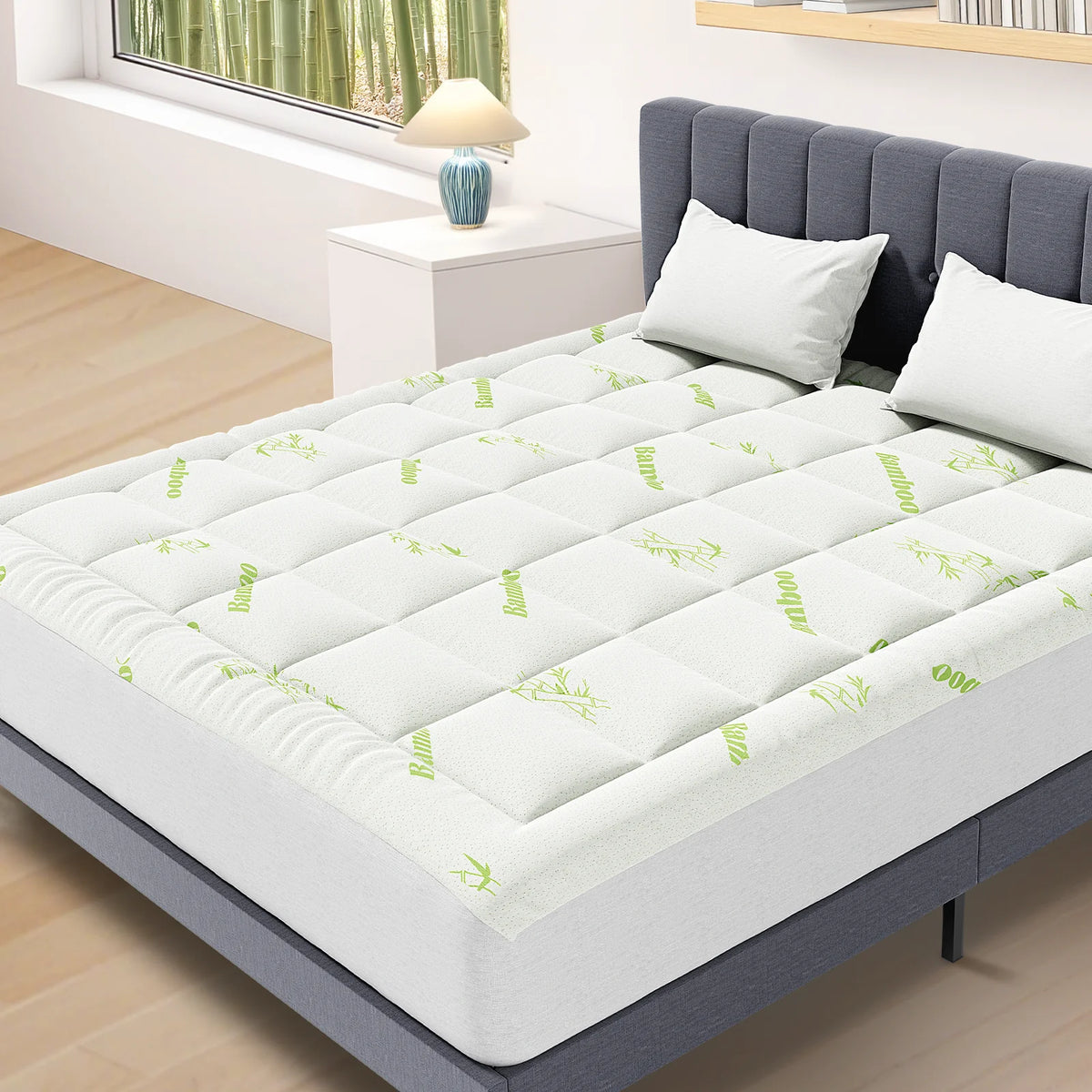 Bamboo Fiber Mattress Topper – 400g Thick Cooling Pad for Back Pain Relief with Deep Pocket Fit
