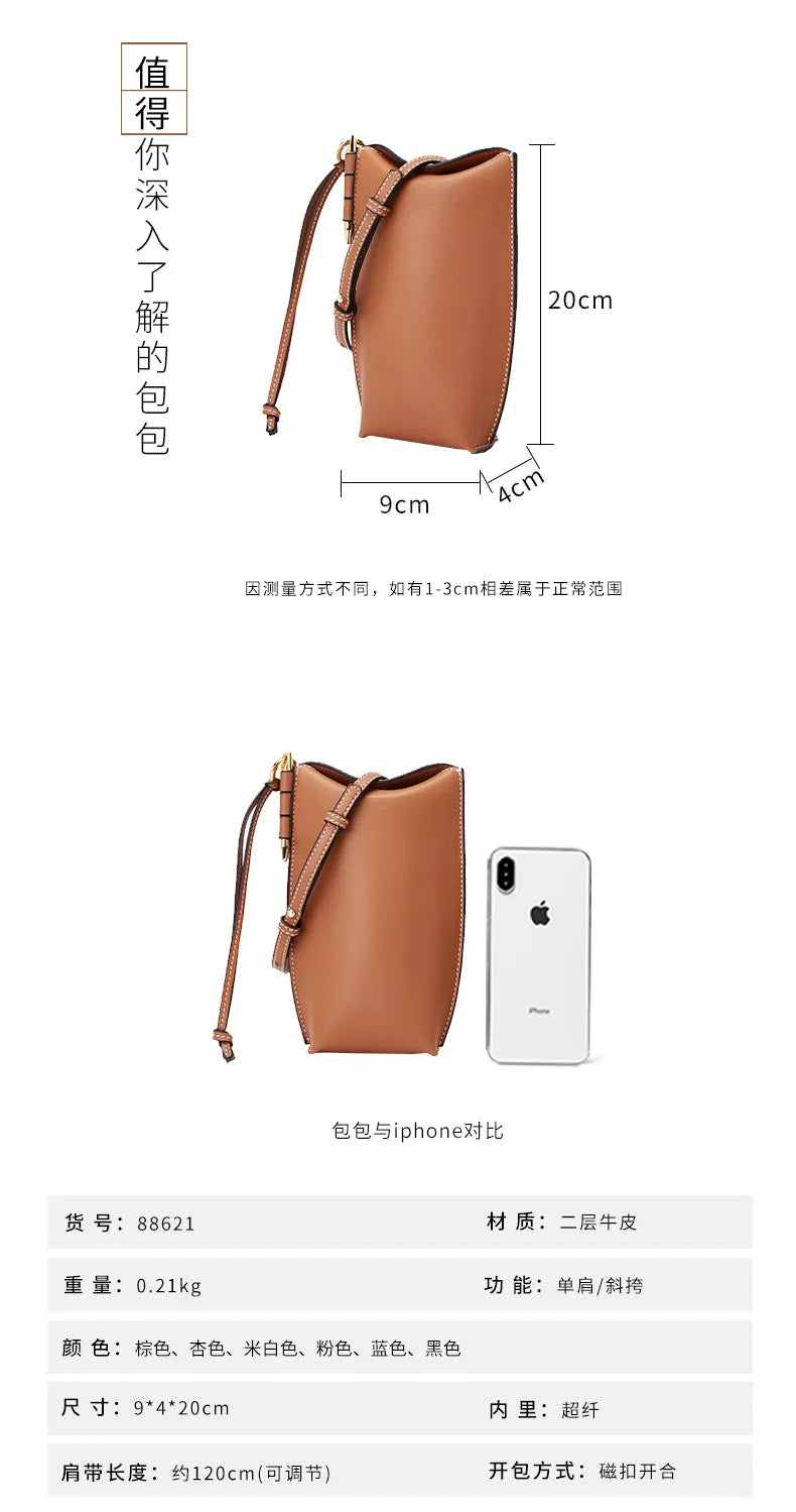 100% Genuine Cowhide Leather Mini Baguette Crossbody Bag – Phone Shoulder Bag for Women