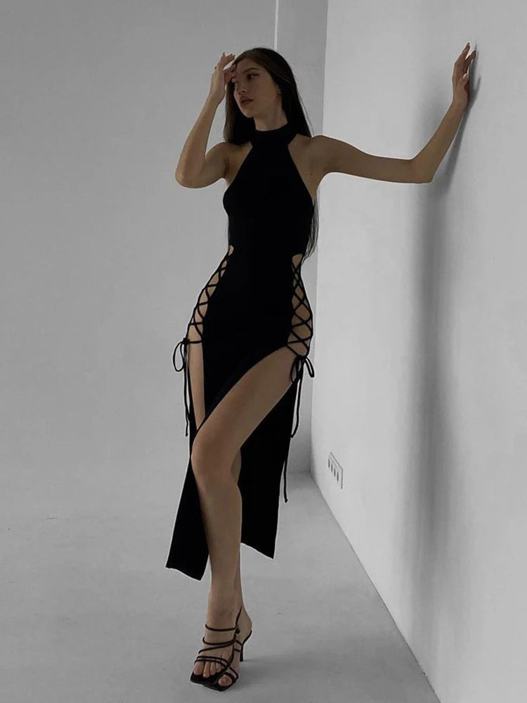 Gothic Halter Bandage Midi Dress — High Split Sexy Alt Partywear