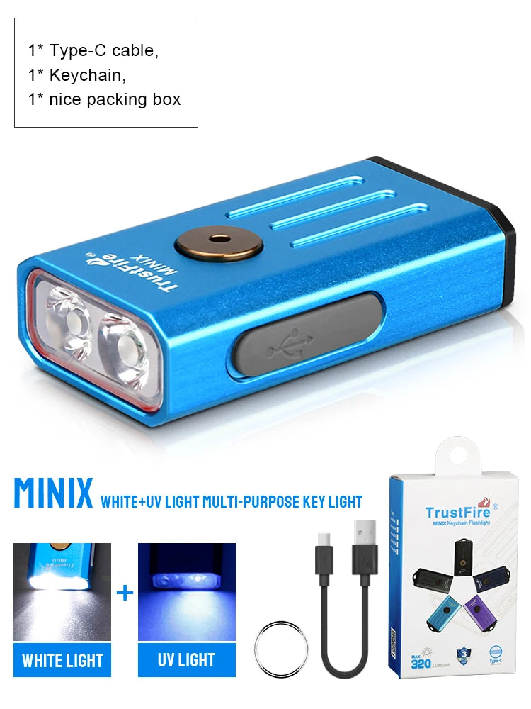 TrustFire MINIX – 320 Lumen Dual-Source Keychain EDC Flashlight, White + UV/Red, Type-C, IP66, Memory Mode