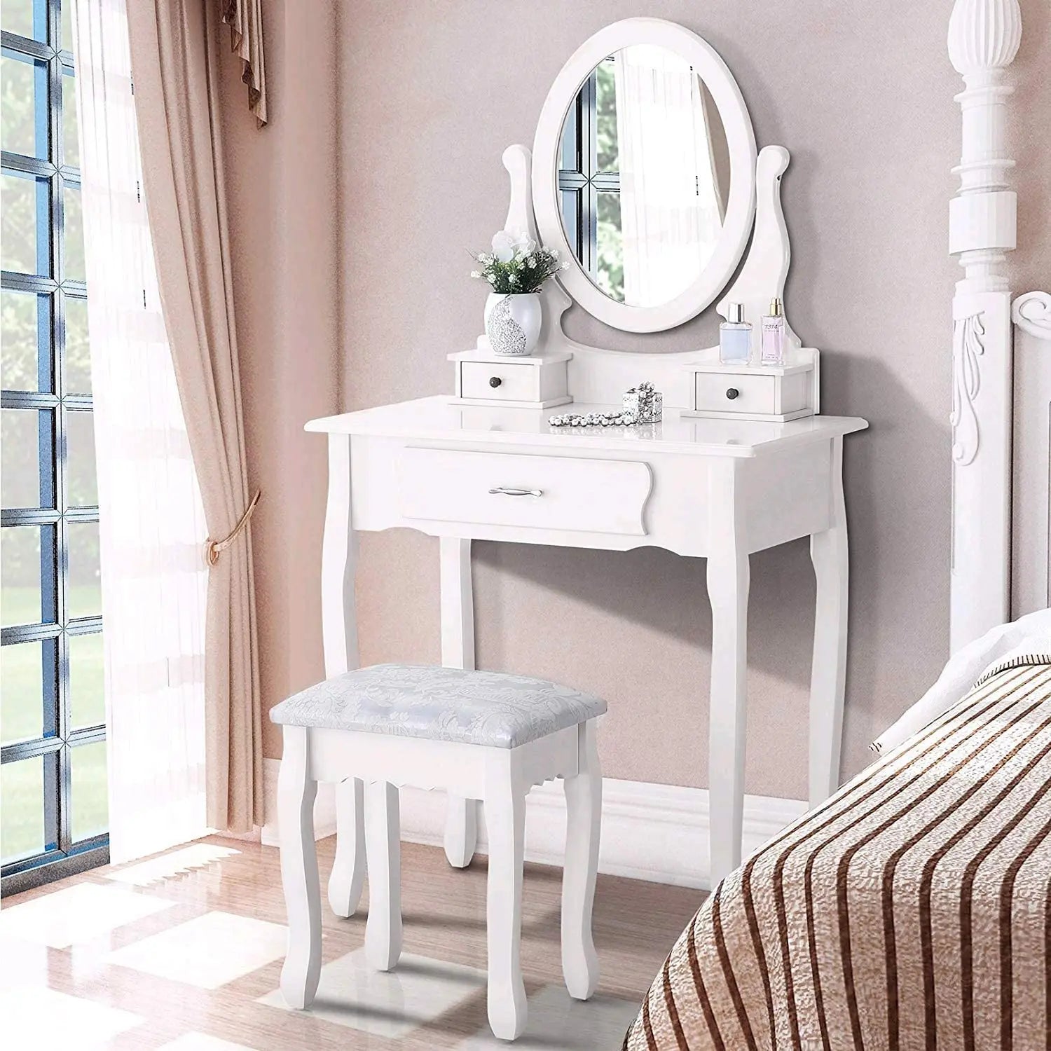 White Vanity Desk with Mirror & 3 Drawers