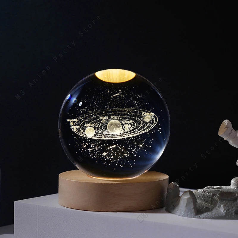 3D Crystal Ball Night Light — LED Galaxy Lamp (Saturn, Moon, Solar System) Birthday Gift