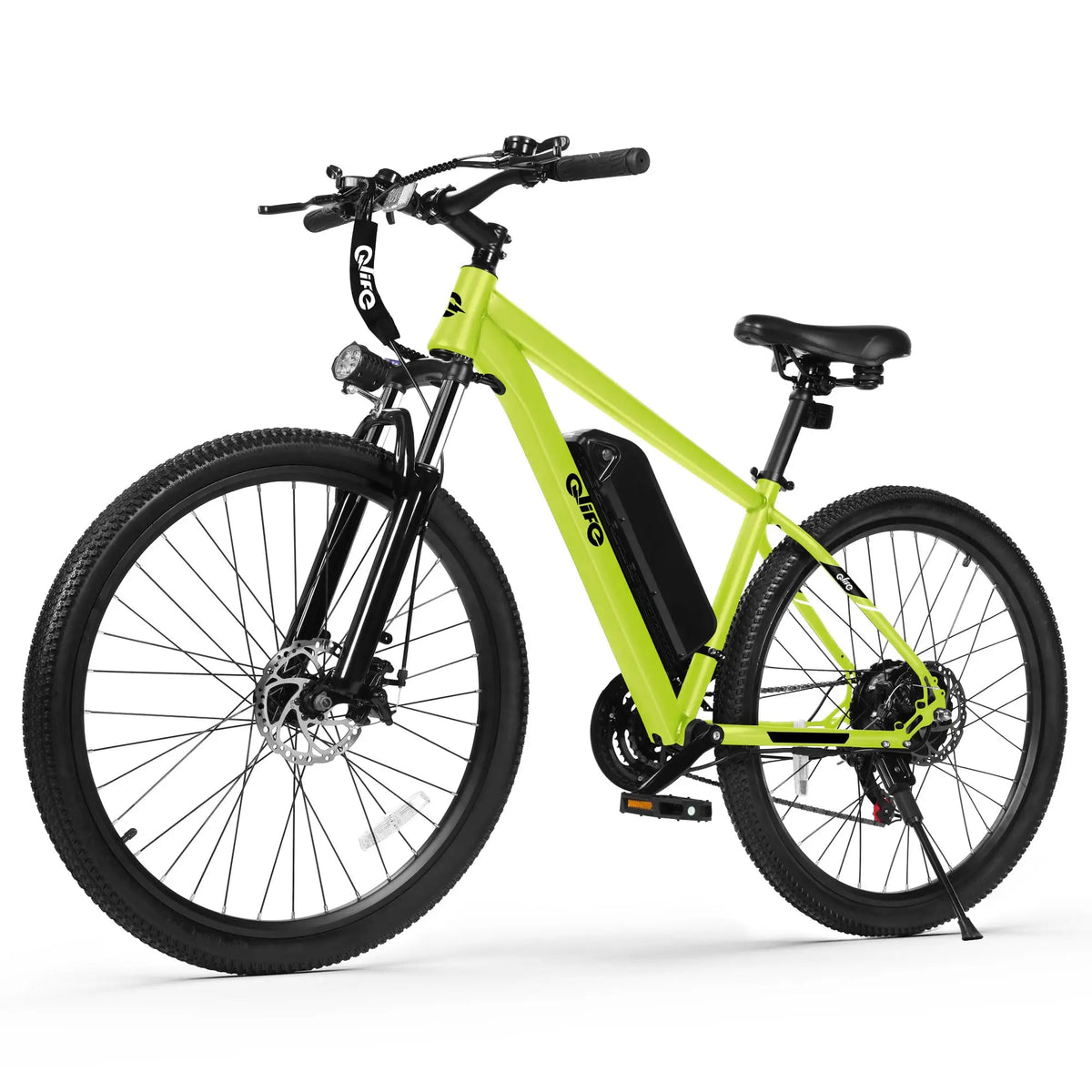 A lime green and black Oimo electric mountain bike with a front suspension fork, fat tires, and a black battery mounted on the frame, shown on a white background.