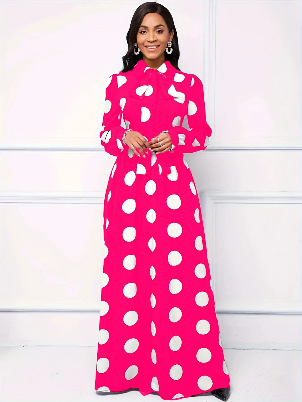 Bow Knot Polka Dot Maxi Dress — Long Sleeve Elegant Casual Lady Dress