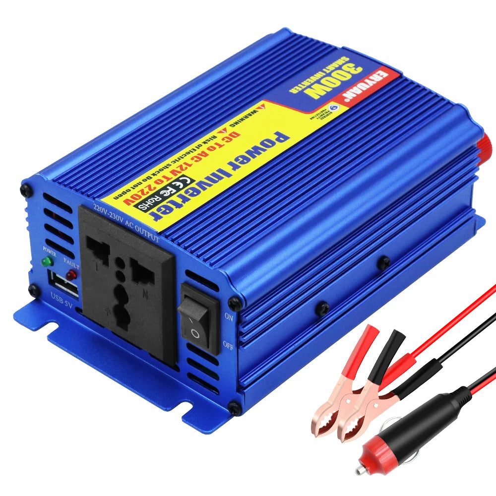 A blue aluminum power inverter with a yellow and red label, shown on a white background with attached red and black battery clamps.