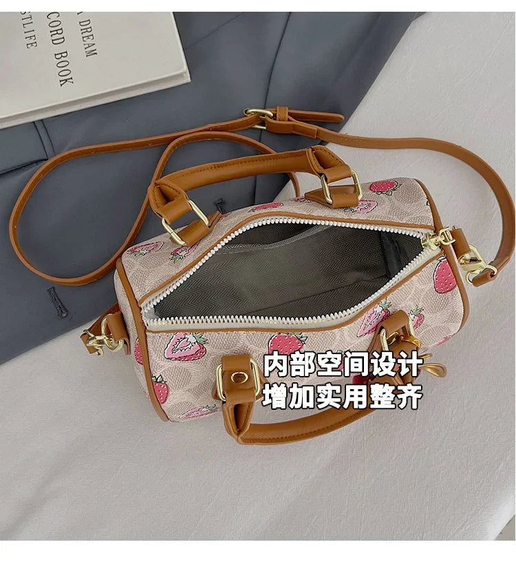 Cherry Print PU Leather Boston Crossbody Shoulder Bag – Luxury Designer Handbag for Women