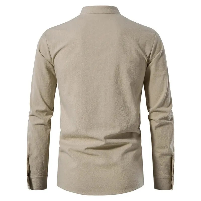 Men's Cotton Linen Drawstring Long Sleeve Shirt — Vintage Casual US Size Top
